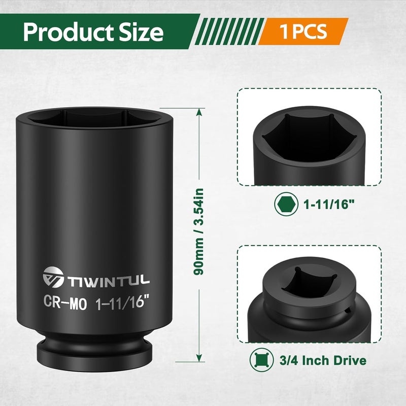 TIWINTUL مفتاح صدمة عميق بحجم 3/4 بوصة 1-11/16"، تصميم 6 نقاط مضاد للتدوير، معالجة حرارية CR-MO، تشطيب فوسفات أسود، مفتاح صمولة محور لإصلاح السيارات، سهل الإزالة - Image 2